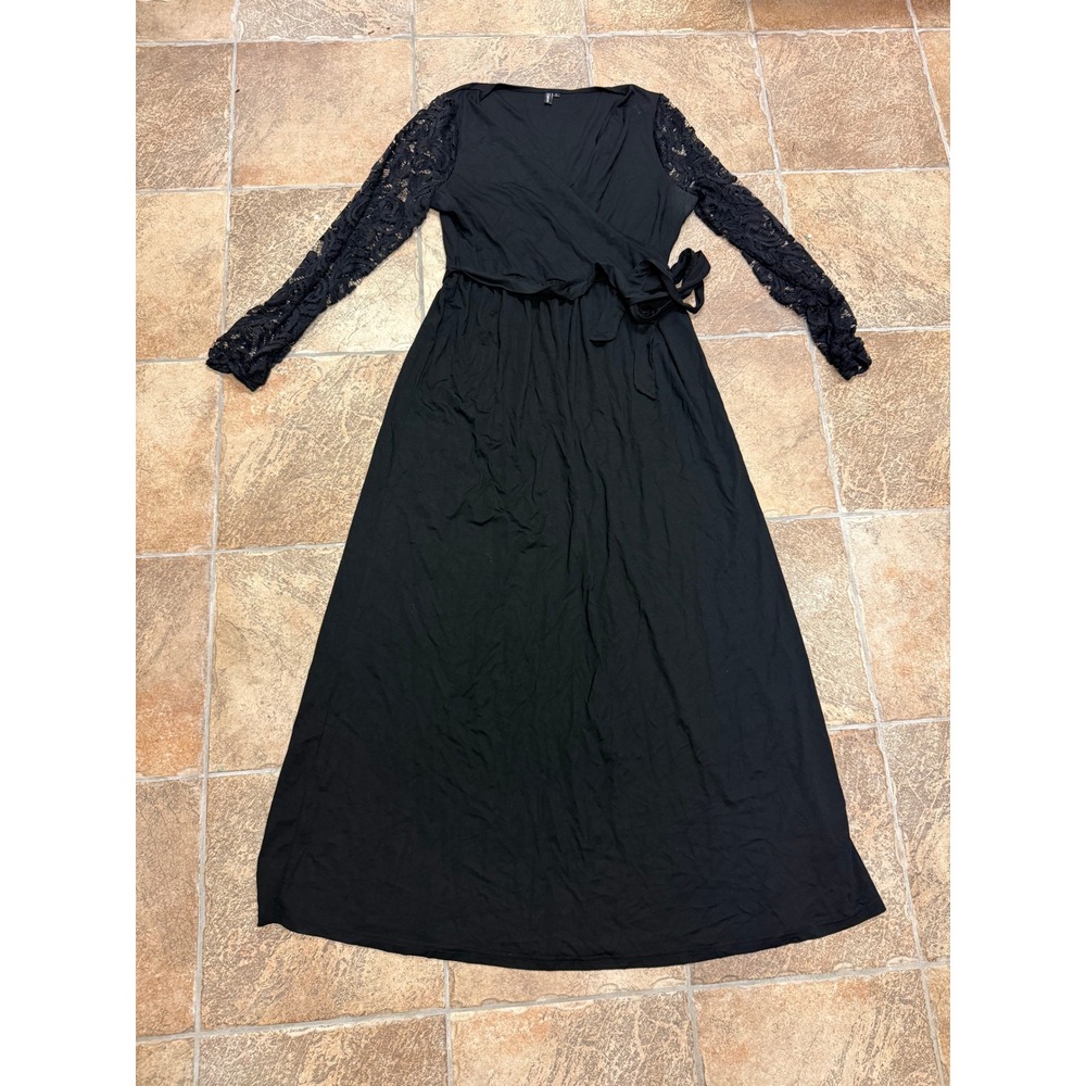 Zattcas Womens Black Lace Long Sleeve Wrap V-Neck Maxi Dress Size Large
